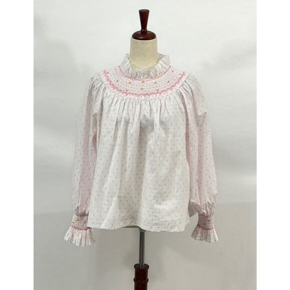 HUNTER BELL Sz M Medium Pink White Dot Smocked Hayes Blouse Shirt - Picture 9 of 10
